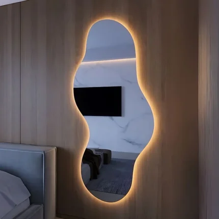 Miroir Wave LED design ondulé avec meuble suspendu, verre Saint-Gobain 6 mm