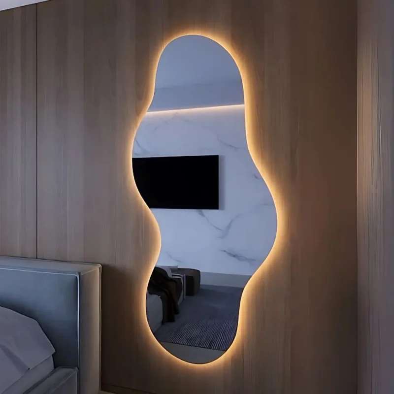 Miroir Wave LED design ondulé avec meuble suspendu, verre Saint-Gobain 6 mm