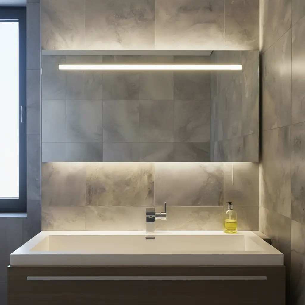 Miroir LED ARKOS – Rectangulaire design avec bande diagonale Miroir LED ARKOS rectangulaire design Saint-Gobain 6 mm avec bande lumineuse diagonale – Fabrication sur mesure au Maroc