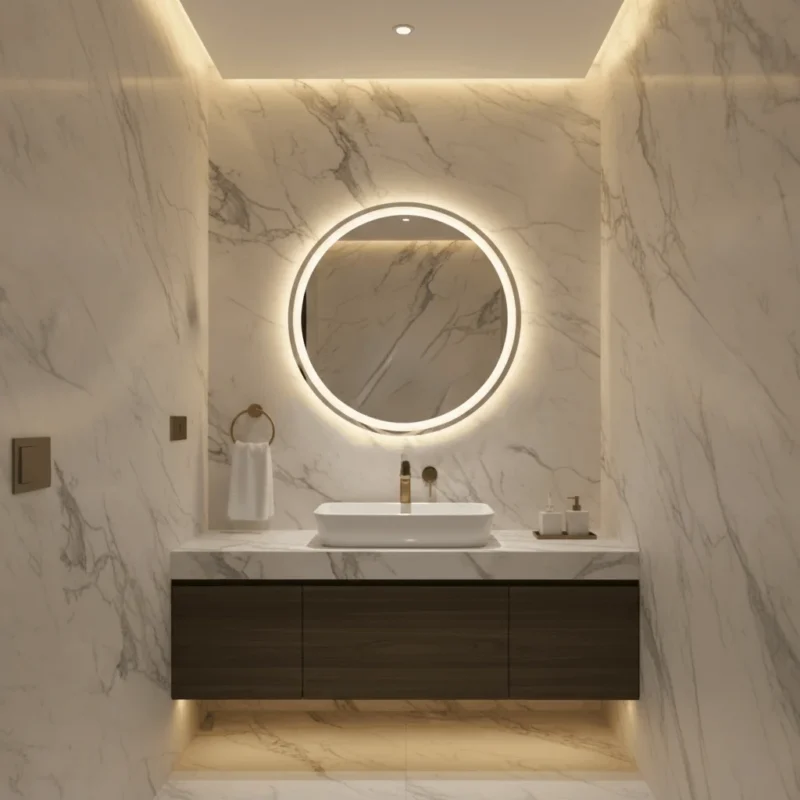 Miroir LED AURA rond avec sablage pour salle de bain moderne au Maroc