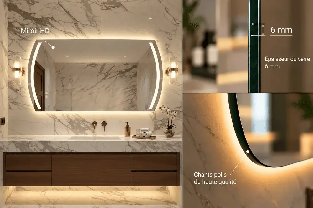 Miroir LED rectangulaire design VEGA en verre HD de 6 mm avec chants polis