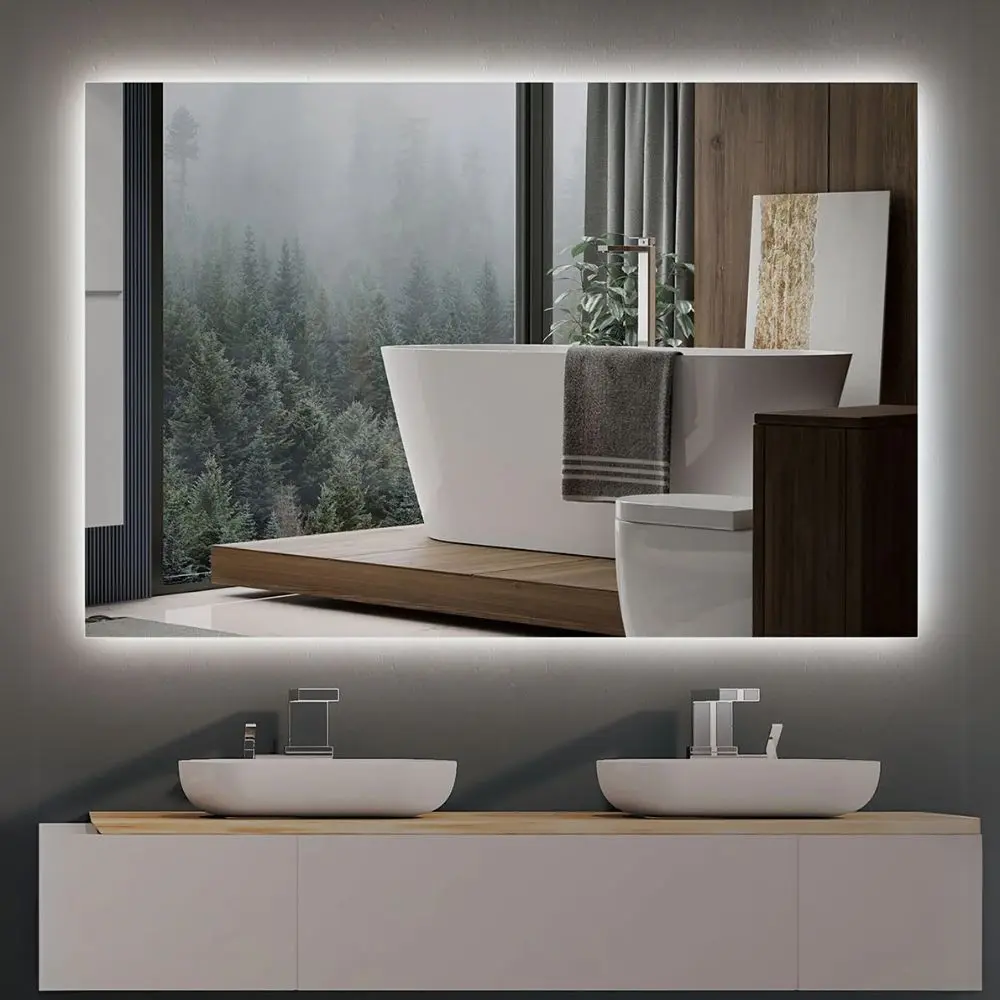 Miroir LED rectangulaire LINEA – Vue de face – Verre Saint-Gobain 6 mm – Sur mesure et livraison au Maroc Miroir LED rectangulaire LINEA rétroéclairé, vue de face, en verre Saint-Gobain 6 mm sur mesure pour salle de bain moderne au Maroc