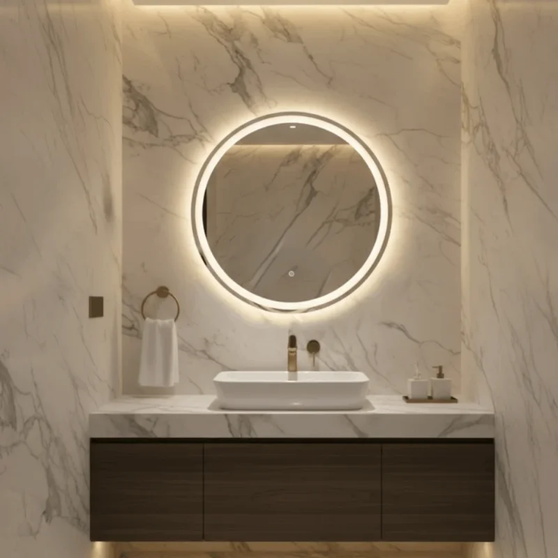 miroir led rond AURA TOUCH avec bouton tactile et éclairage LED pour salle de bain au Maroc