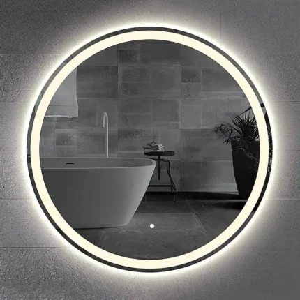Miroir LED rond AURA TOUCH rétroéclairé avec bouton tactile, verre Saint-Gobain 6 mm sur mesure pour salle de bain au Maroc