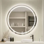 Miroir LED rond AURA rétroéclairé avec sablage design, verre Saint-Gobain 6 mm sur mesure, salle de bain moderne Maroc