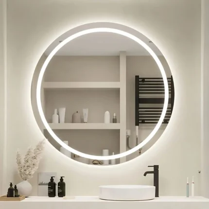 Miroir LED rond AURA rétroéclairé avec sablage design, verre Saint-Gobain 6 mm sur mesure, salle de bain moderne Maroc