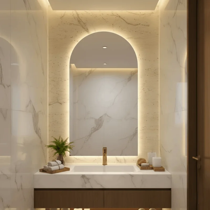 Miroir salle de bain Arcus LED sur mesure, moderne et élégant, avec éclairage intégré pour luminosité optimale