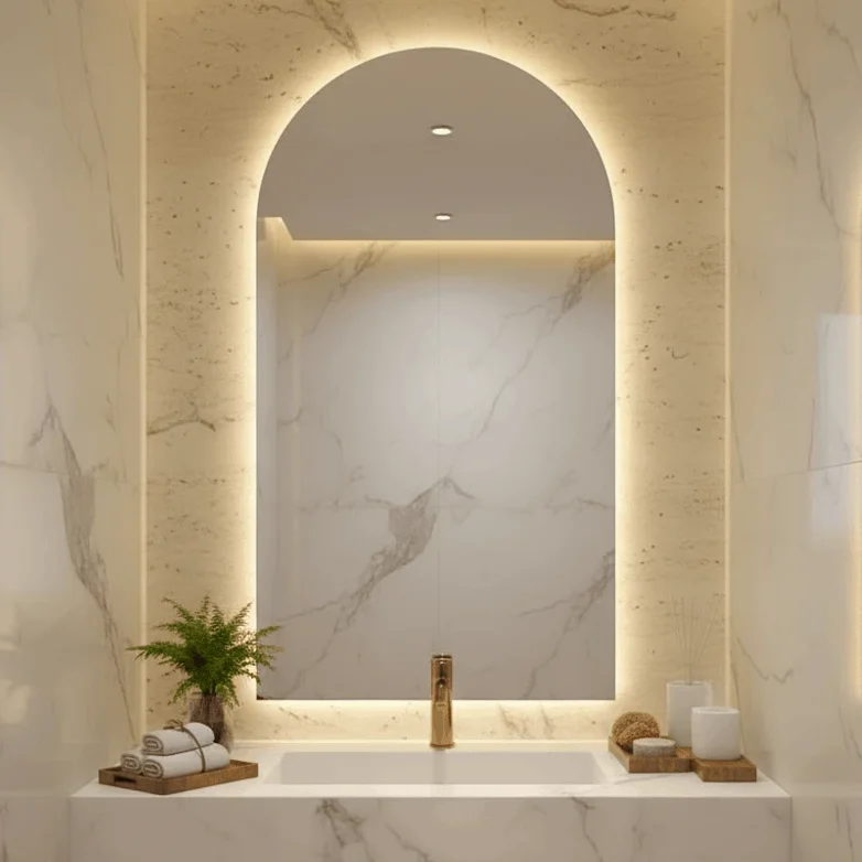 Miroir Salle de Bain Arcus LED Sur Mesure Miroir salle de bain Arcus LED sur mesure, moderne et élégant, avec éclairage intégré pour luminosité optimale