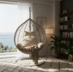 Balançoire Aéris beige à côté d’une bibliothèque, cadre métal gris clair, décoration intérieure moderne au Maroc