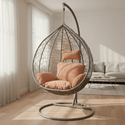 Balançoire Aéris couleur brique claire dans un salon, cadre métal gris clair, décoration intérieure moderne au Maroc