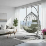 Balançoire Aéris vert sauge dans un salon, cadre métal gris clair, décoration intérieure moderne au Maroc