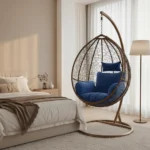 balançoire bronze FabDesign avec coussins bleu roi – vue légèrement de côté, pour intérieur et extérieur
