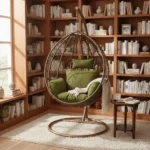 balançoire bronze FabDesign avec coussins vert olive – modèle intérieur suspendu