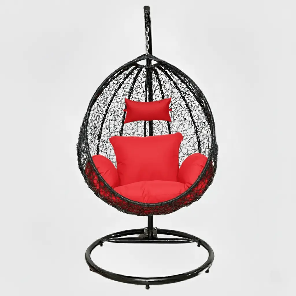 Balançoire d’intérieur avec coussins rouge – FabDesign Maroc Balançoire moderne avec coussins rouge, idéale pour la décoration d’intérieur au Maroc