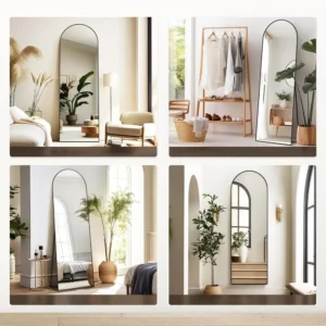 composition de quatre photos du miroir Arco avec cadre métallique antirouille et sommet cintré, montrant les différentes positions : sur pied, mural, dans une chambre et près d’un portant à vêtements