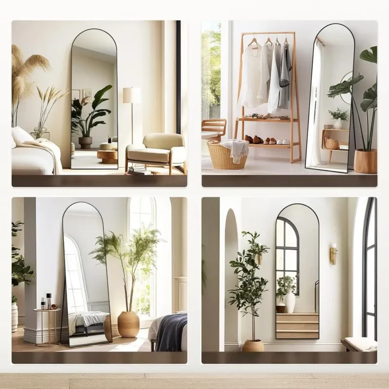 composition de quatre photos du miroir sur pied Arco avec cadre métallique antirouille et sommet cintré, montrant les différentes positions : sur pied, mural, dans une chambre 