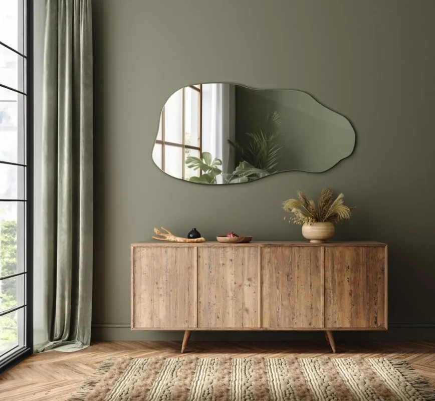 Miroir LED IRIS à forme organique décorant un salon moderne et lumineux