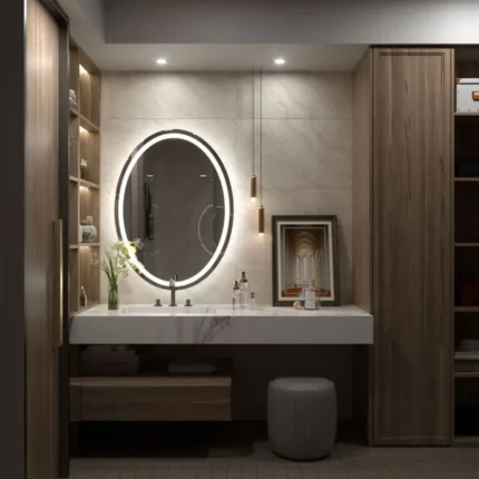 Miroir ovale LED sablé dans une salle de bain d’hôtel ou d’inspiration spa