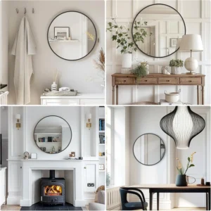 Miroir rond avec cadre en métal antirouille présenté sous 4 angles différents : vue en face, vue biais, salle de bain et salon