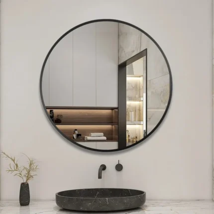 miroir rond avec cadre en métal antirouille vu en face, design moderne pour salle de bain, salon ou chambre