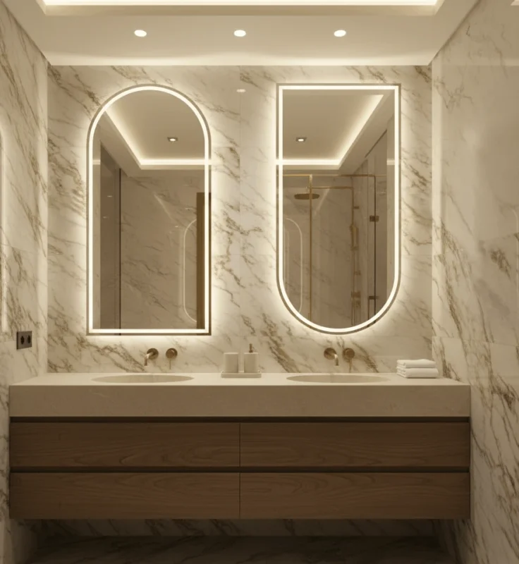 Miroir salle de bain Maroc LED Saint-Gobain 6 mm sur mesure, résistant à l’humidité