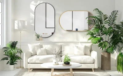 miroir semi-ovale avec cadre en métal antirouille installé dans un salon moderne et élégant