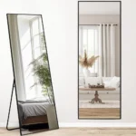 miroir rectangulaire sur pied avec cadre métallique antirouille, pouvant également être accroché au mur, design moderne pour chambre ou salon
