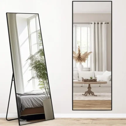 miroir rectangulaire sur pied avec cadre métallique antirouille, pouvant également être accroché au mur, design moderne pour chambre ou salon