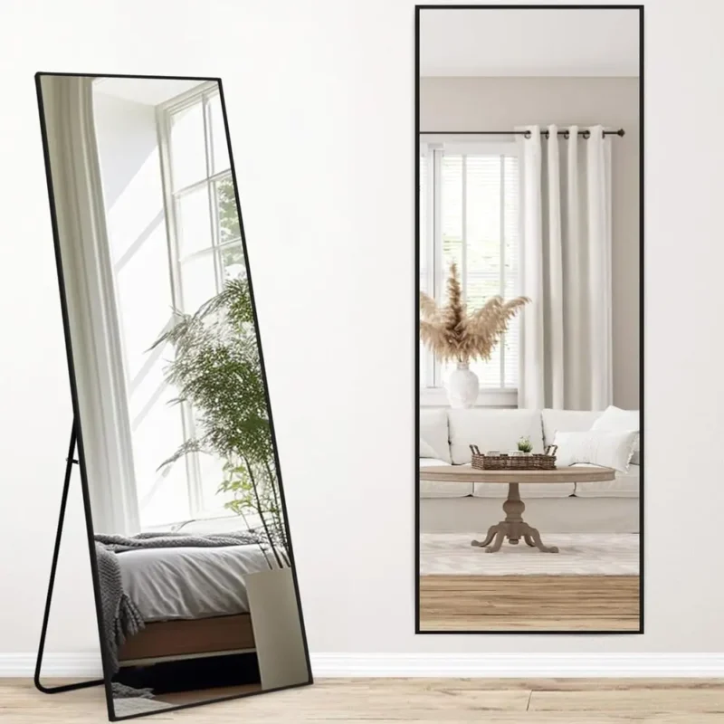 miroir  sur pied avec cadre métallique antirouille, pouvant également être accroché au mur, design moderne pour chambre ou salon