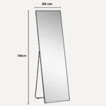 miroir rectangulaire sur pied avec cadre métallique antirouille, montrant ses dimensions, design moderne et polyvalent pour chambre ou salon