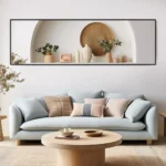 miroir rectangulaire avec cadre métallique antirouille accroché horizontalement au mur dans un salon, design moderne et élégant