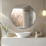Miroir Vectra géométrique rétroéclairé posé sur un vasque blanc, lumière éteinte, design moderne et élégant, fabriqué au Maroc et personnalisable sur-mesure