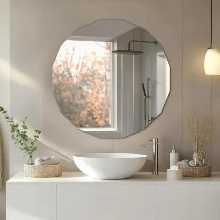 Miroir Vectra géométrique rétroéclairé posé sur un vasque blanc, lumière éteinte, design moderne et élégant, fabriqué au Maroc et personnalisable sur-mesure