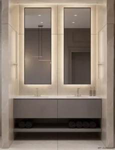 Vue rapprochée de deux miroirs Novera rectangulaires rétroéclairés avec cadre en métal noir, style moderne et raffiné, conçus au Maroc et disponibles sur mesure