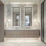 Deux miroirs Novera rectangulaires rétroéclairés, avec cadre en métal noir, vue de face, style industriel moderne pour salle de bain, fabriqués au Maroc et disponibles sur mesure