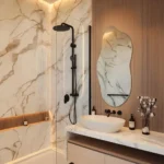 Miroir Mirage en forme de vague posé verticalement dans une salle de bain moderne