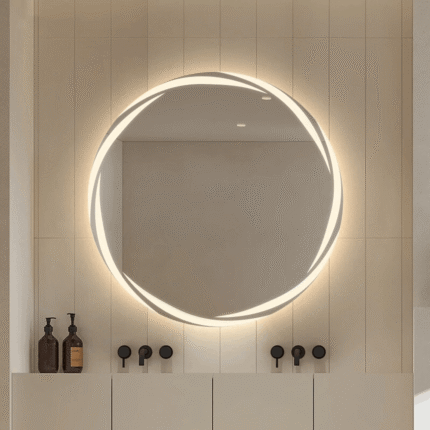 Miroir halo LED sans interrupteur au-dessus d’une vasque, salle de bain élégante avec éclairage circulaire moderne