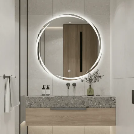 Miroir halo LED tactile installé au-dessus d’une vasque dans une salle de bain élégante, miroir rétroéclairé résistant à l’humidité