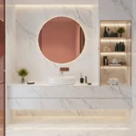 Miroir salle de bain ROSEVEIL en rose gold – détail de l’éclairage LED blanc, neutre et jaune pour ambiance chic et moderne.