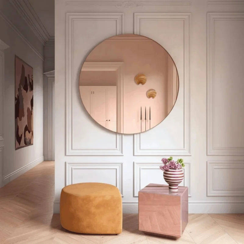 Miroir rose gold ROSEVEIL fixé au mur avec éclairage LED blanc, neutre et jaune, pour salle de bain moderne et élégante.