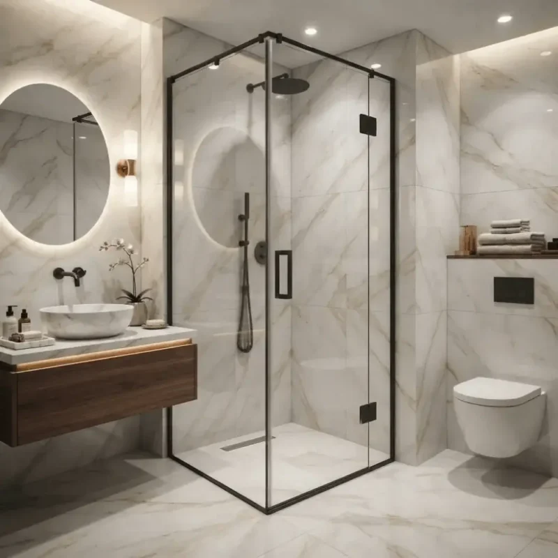 Cabine de douche d'angle Névra installée dans une suite parentale