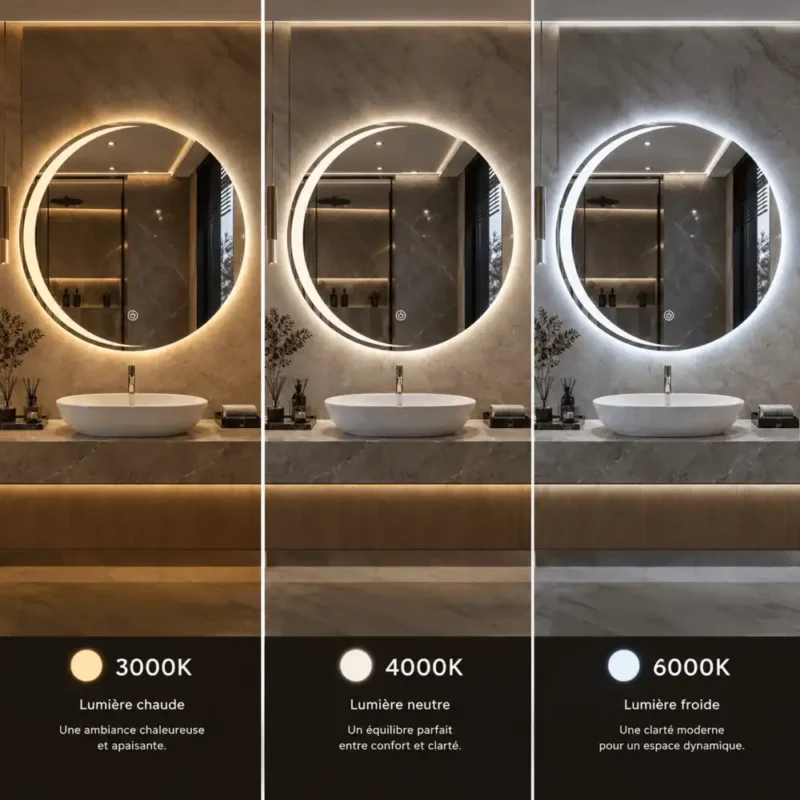 Miroir rond moderne 3 températures de lumière 3000K, 4000K, 6000K